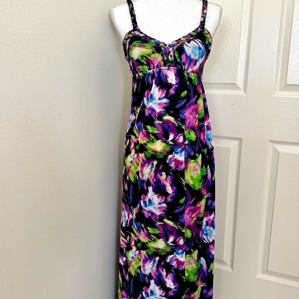 Purple and Green Ruched Maxi Sundress